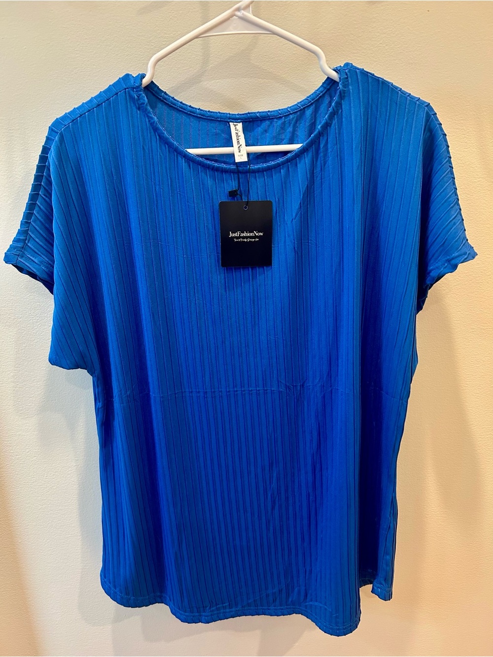 JustFashionNow Cobalt Blue Pleated Ribbed Short Sleeve Top L